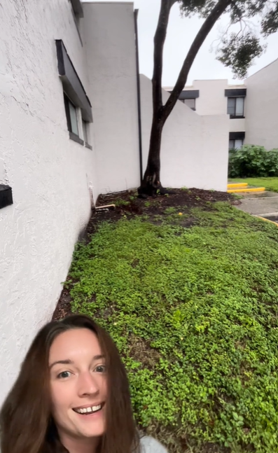 Using a green screen feature on TikTok, a woman talks as she shows off a grassy area with a tree just outside her apartment complex.