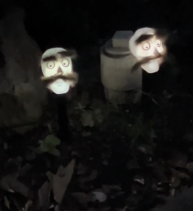View of two lit up Halloween decorations at night. The decor is of two skeletons with wide open eyes. They have mustaches and eyebrows made of dog fur