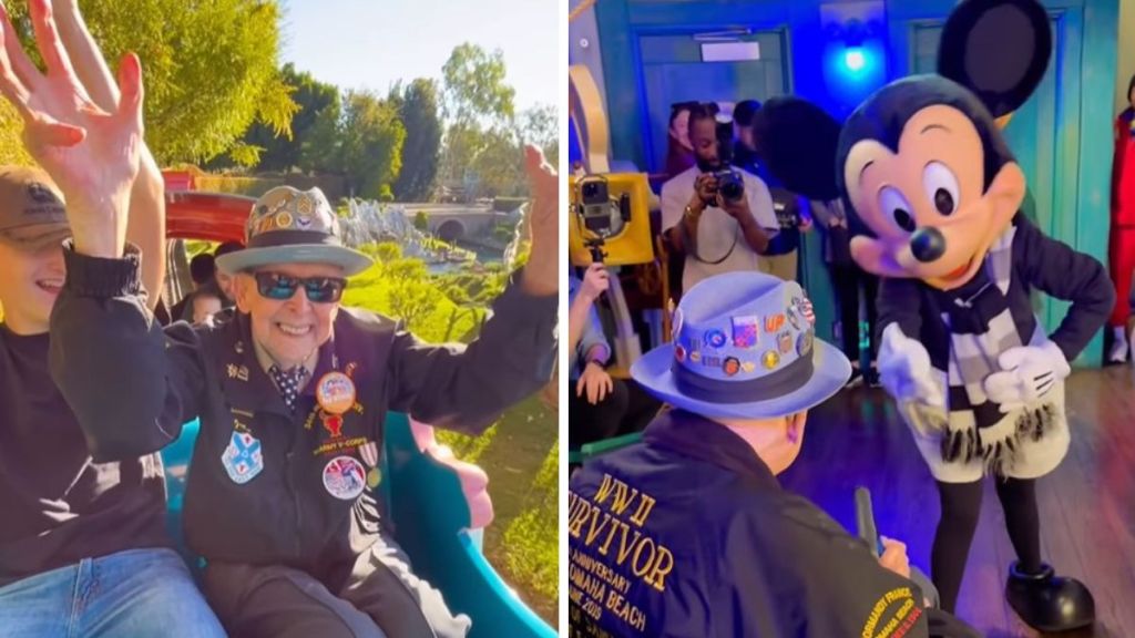 Left image shows Papa Jake waving while riding a ride at Disney. Right image shows the 101 year old getting a birthday wish from Mickey.
