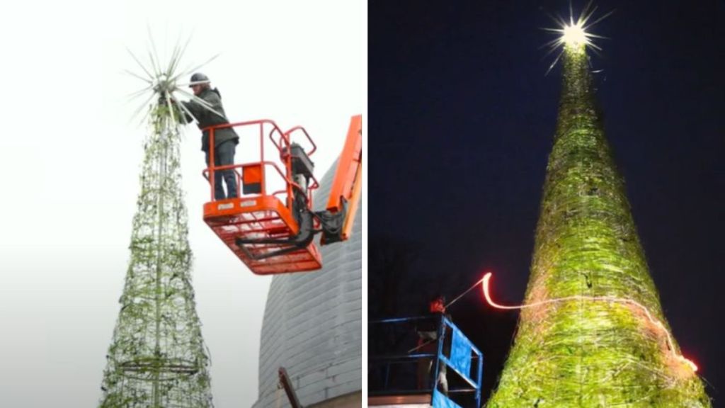 Left image shows the star being lounted on the top of the glass Christmas tree. Right image shows final touches being added to the spun glass with the tree lights on.