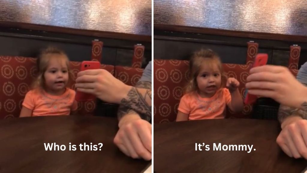 Images show a young girl looking at a picture on her Dad's phone and identifying it as a mom pic.