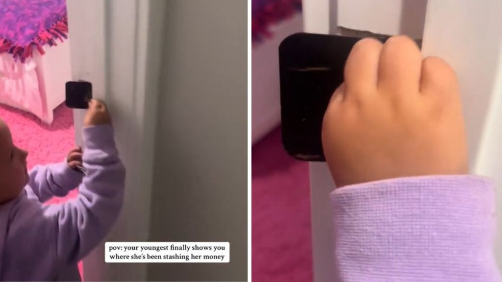 Images show a young girl showing her Dad what she has been using for a piggy bank.