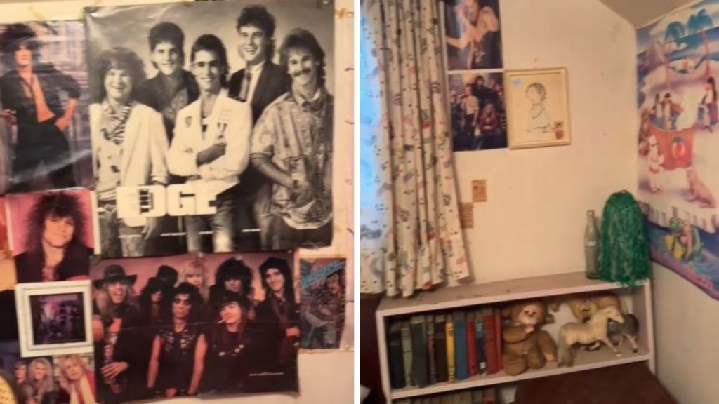 Left image features a wall of 1980s posters that two sisters found in an inherited home. Right image shows more posters and a bookshelf with books and stuffed animals.