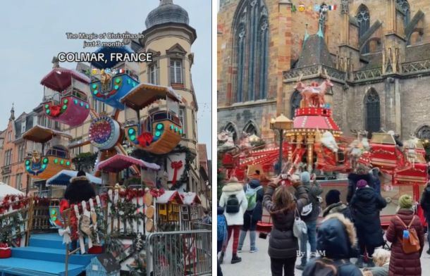 Left image shows the seasonal Ferris wheel in Colmar, France during the holiday season. Right image shows a Christmas-themed Merry-Go-Round.