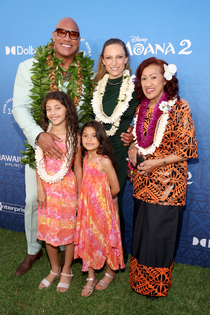 KAPOLEI, HAWAII - NOVEMBER 21: (L-R) Jasmine Johnson, Dwayne Johnson, Tiana Johnson, Lauren Hashian and Ata Johnson attends the World Premiere of Walt Disney Animation Studios' "Moana 2" in Kapolei, Hawaii on November 21, 2024. (Photo by Kevin Mazur/Getty Images for Disney)