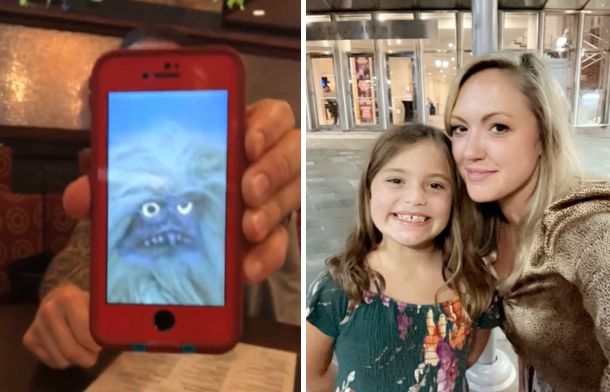 Left image shows a blue-tinged monster image displayed on a phone. Right image shows a mom and her daughter posing for a selfie pic.