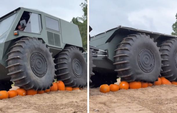 Weirdly Satisfying: All-Terrain Vehicles Glide Harmlessly Overtop Row Of Pumpkins In Mesmerizing Clip