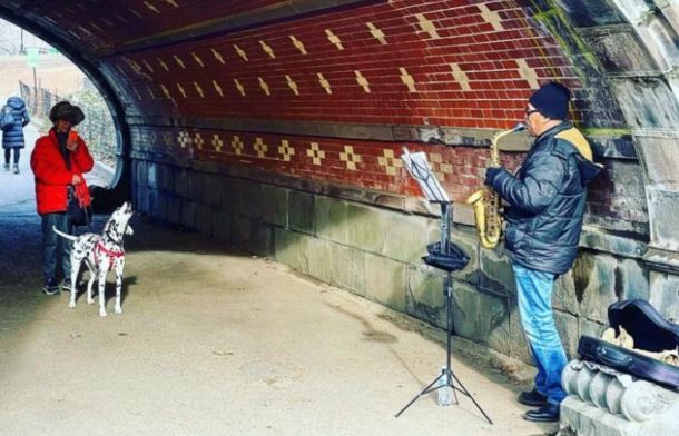 Image shows a dalmatian dog howling in tune with a saxophone playing busker in NY's Central Park.