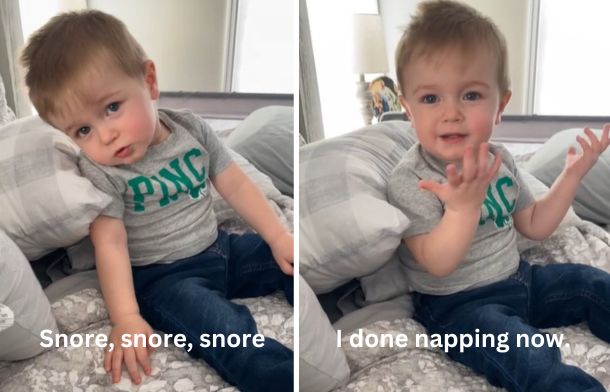 Images show a toddler fighting against taking a nap. The left image shows him trying to fake snore, with his eyes open. Right image shows him trying to convince mom he is done napping.