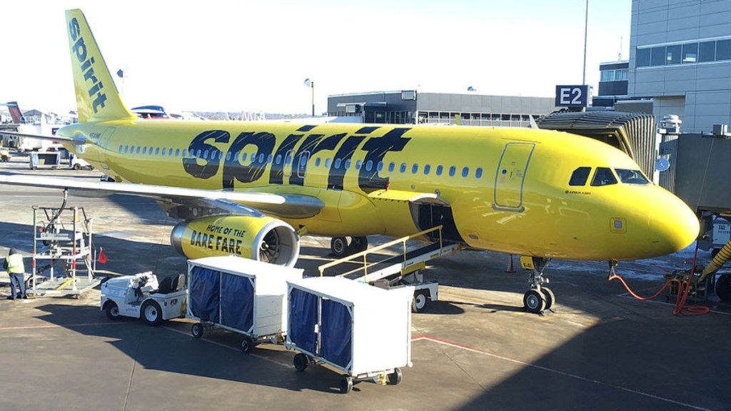 A Spirit Airlines plane is parked next to carts and various workers