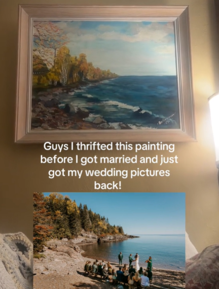 A landscape painting on the wall compared to a similar-looking wedding photo.