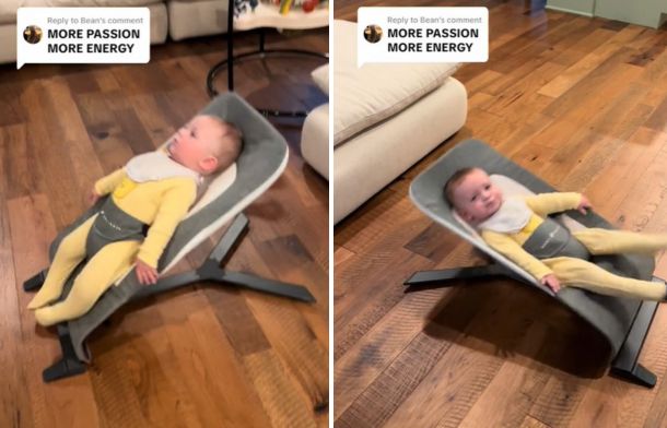 Images show a baby in a bouncer using his legs to bounce the chair.