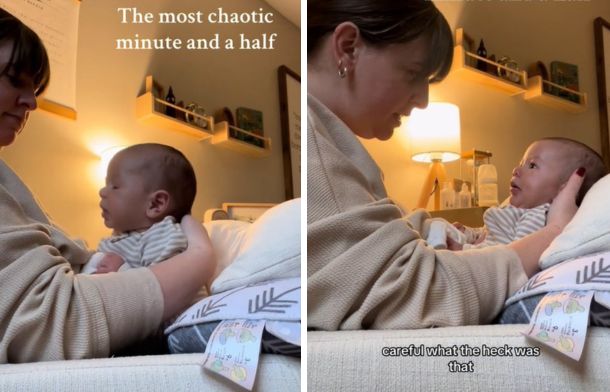Images show a new mom navigating a chaotic series of events with her baby as he coughs, spits up, and poops in less than a minute and a half.