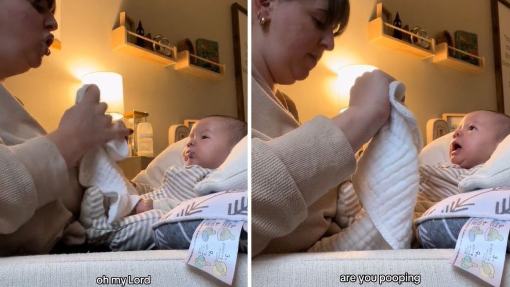 Images show a mom dealing with chaotic newborn issues.