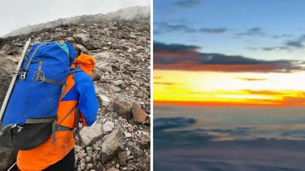Left image shows a hiker climbing Chimborazo. Right image shows the sunrise from the summit.