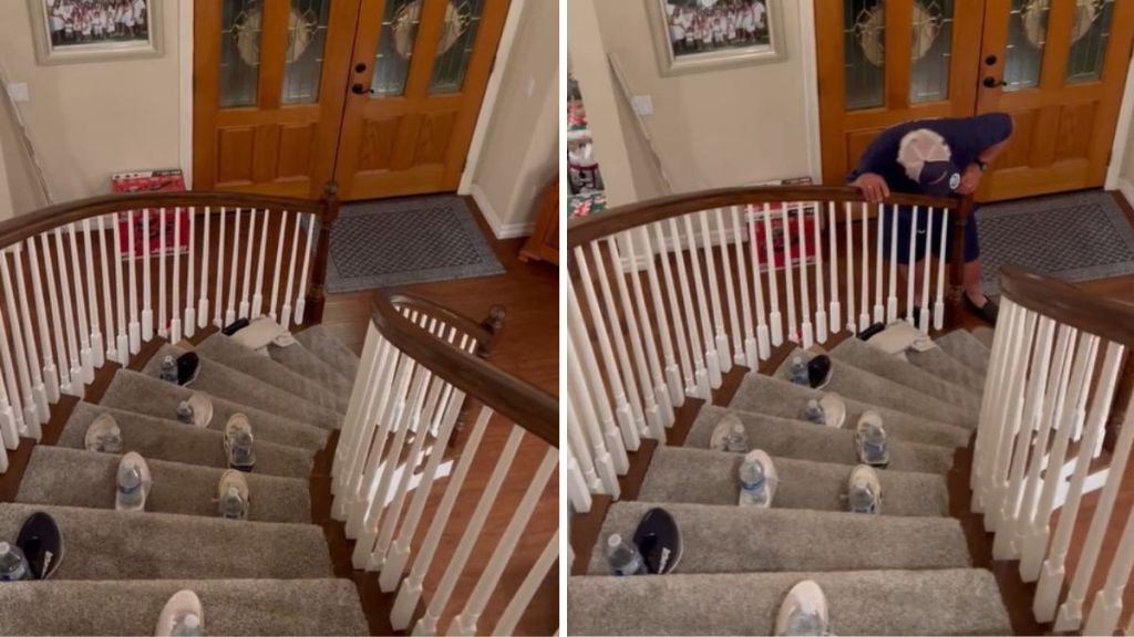 Left image shows a dad prank set up. Right image shows a dad after he realizes his kids have pranked him.