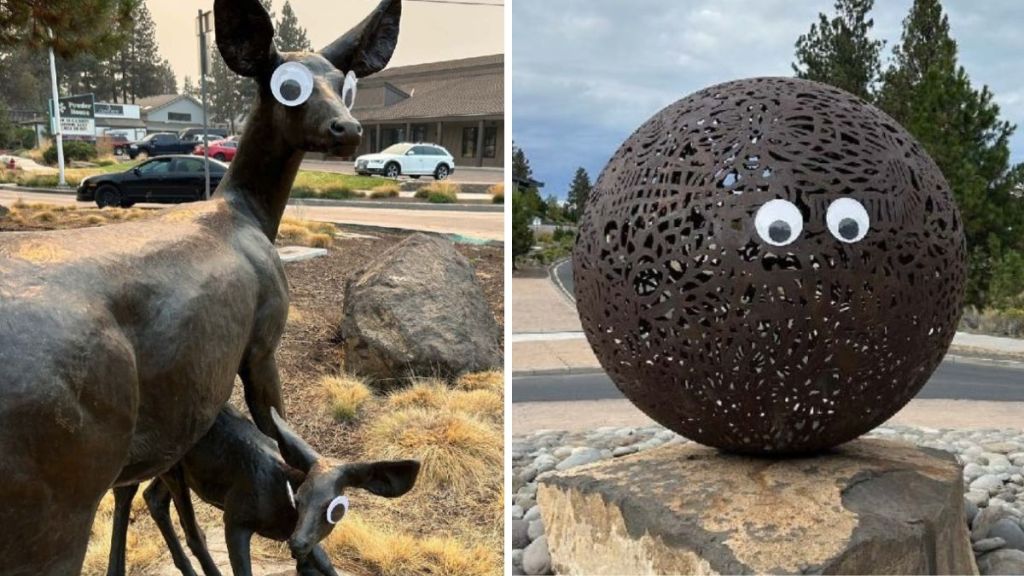 Images show statues in Bend, Oregon with large googly eyes.