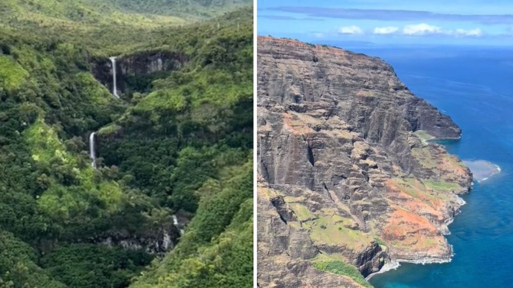 Images show the scenery you will see during a helicopter tour of Hawaii. Left images shows a series of waterfalls carved out by a mountain stream. Right image shows a jagged shoreline with mountain rising in the background.