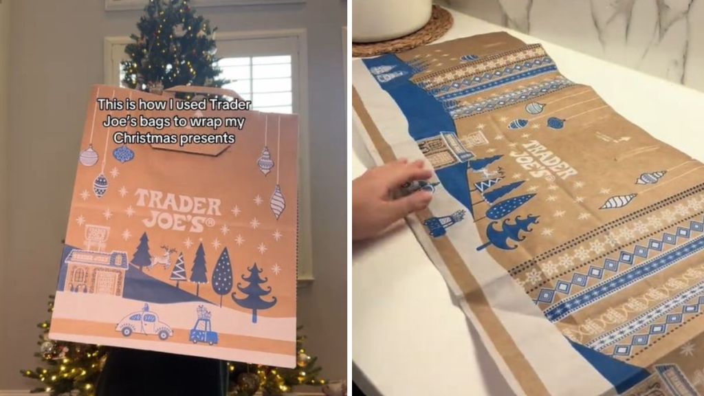 Images show Trader Joe's Christmas bags being used as wrapping paper.
