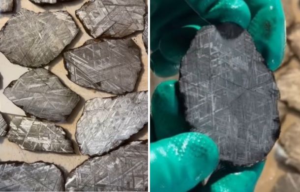 Left image shows different slices from a meteorite, displaying their patterns. Right image shows a meteorite hunter holding up a piece of cosmic stone.