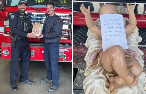 Left image shows the returned figurine with fire fighters. Right image shows the stolen baby Jesus with the note on its chest and partially covering the face.