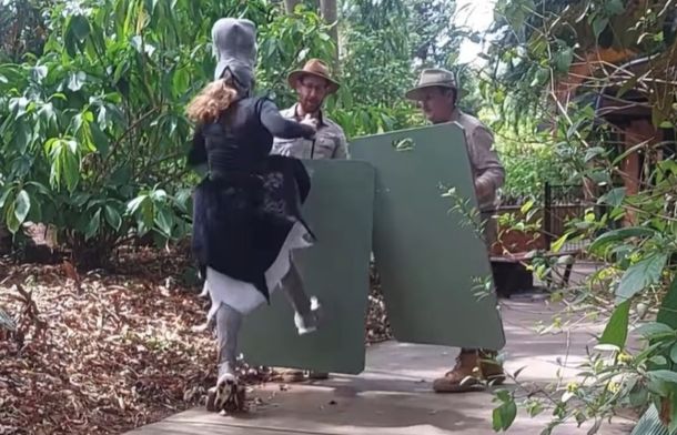 Image shows the zoo director in an ostrich outfit trying to escape from zoo keepers trying to catch her.