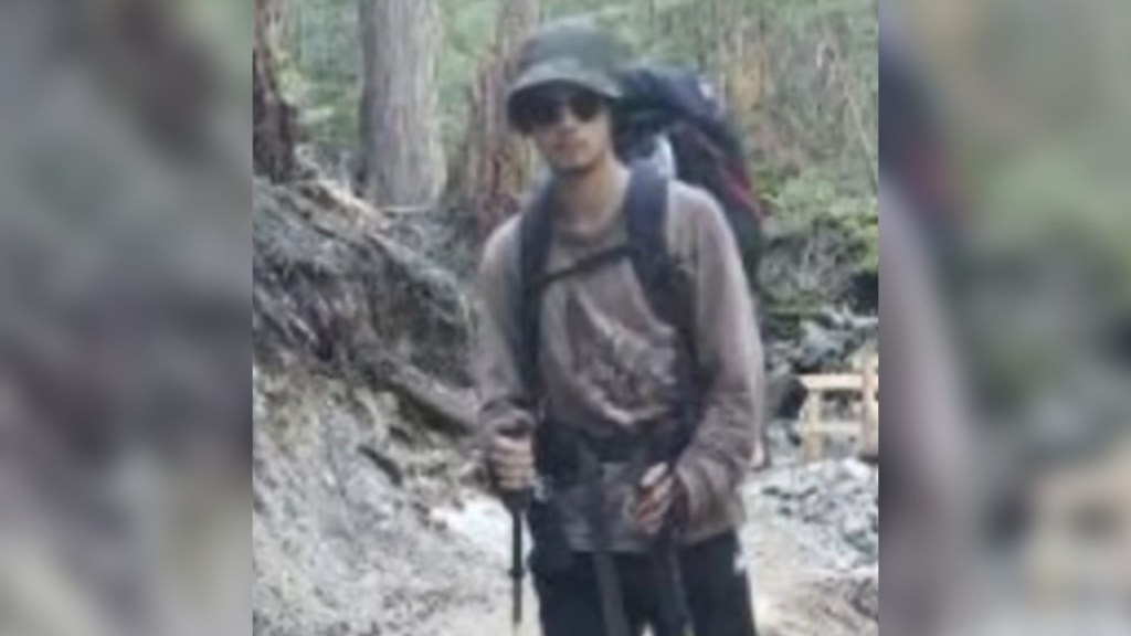 A young man stands in the woods in hiking gear, backpack on his back. He's leaning against walking sticks.