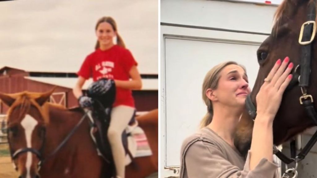 Left image shows Matti on Beau as a teenager. Right image shows Matti reuniting with her childhood horse as an adult.