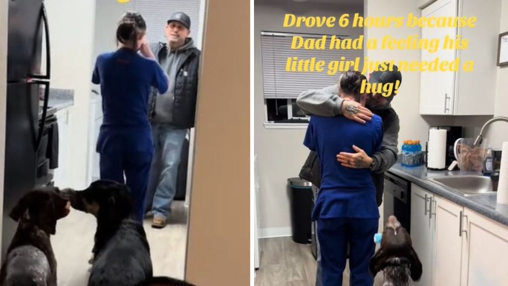 Left image shows a daughter as she moves toward her dad. Right image shows the two in a warm embrace after he surprised her with a visit.