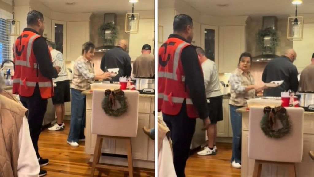 Images show a woman checking with a delivery driver as she piles a plate high from the holiday feast.