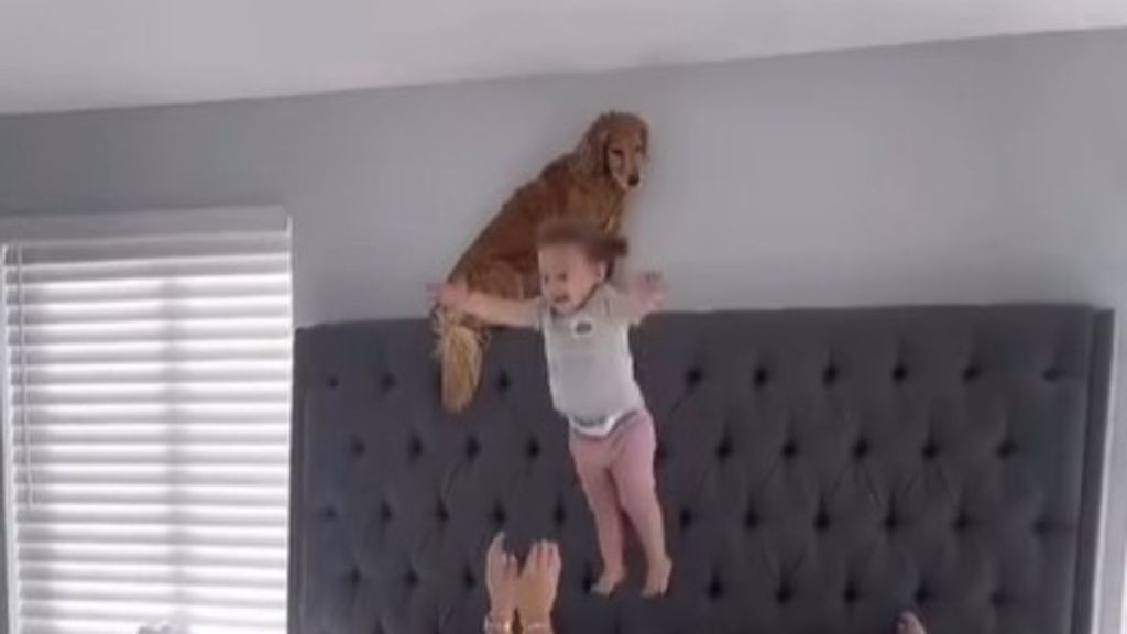 Image shows a young girl launching off a tall headboard.