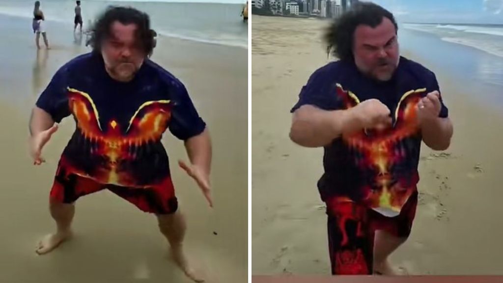 Jack Black demonstrating Kung Fu moves on a Gold Coast beach.