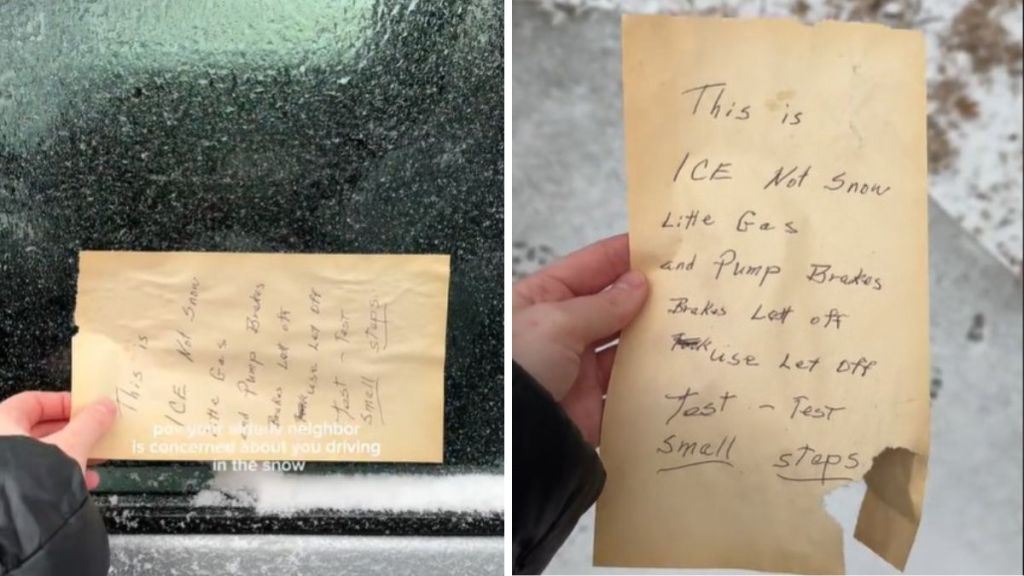 Left image shows note stuck on car. Right image shows note from neighbor with winter driving tips.