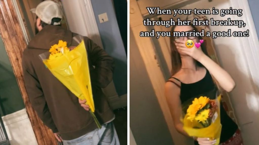Left image shows a father waiting with a bouquet of flowers. Right image shows a teen girl smiling after her dad gave her the flowers.