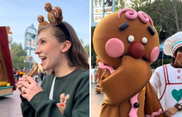 A woman waits to terrorize a gingerbread man as shel locks eyes with him right before eating a gingerbread cookie.