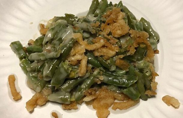 Image shows a serving of Wegman's green bean casserole similar to what you would receive if states give visitors gifts and you went to Minnesota..