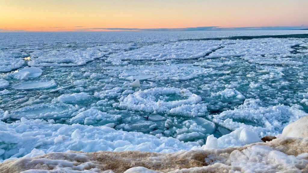 View of "pancake ice" on Lake Michigan. These circular, frozen areas on the water resemble icy lily pads