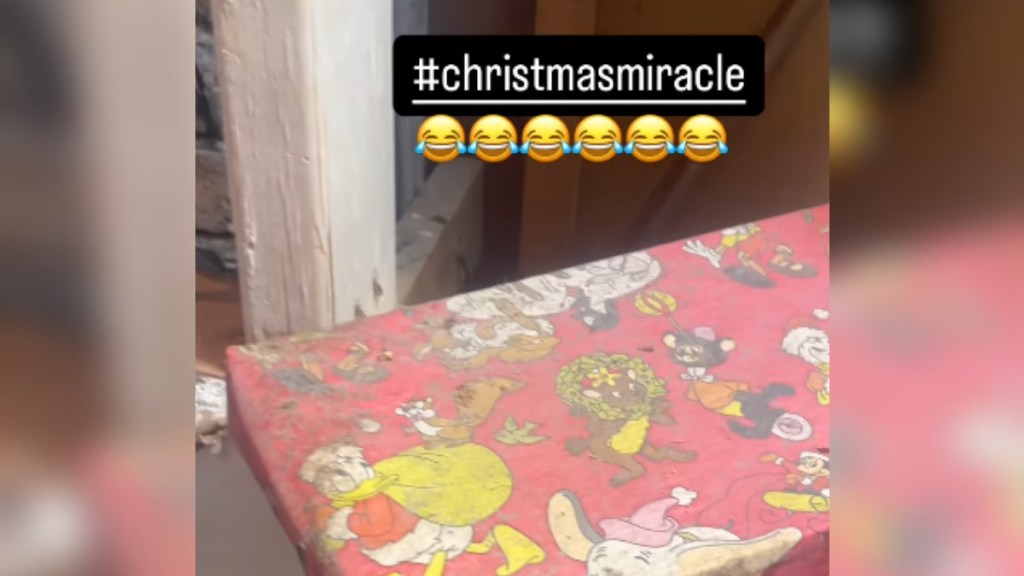 Close up of a decades-old wrapped Christmas present with Disney wrapping paper. The gift is sat on the ledge of a wall with the drywall gone. Text on the image reads: #christmasmiracle