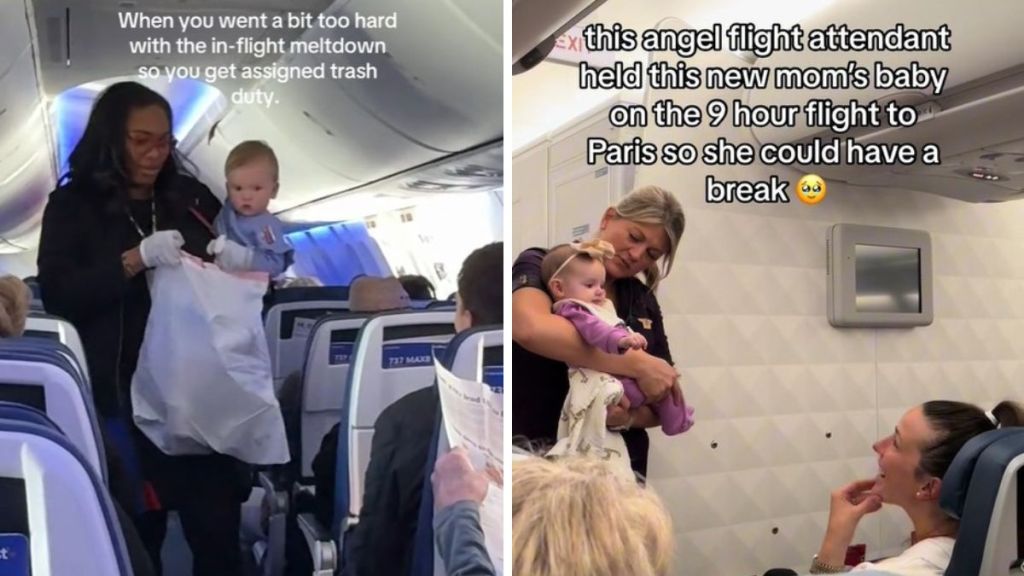 Left image shows a funny flight attendant carrying a baby to keep her from crying. Right image shows a flight attendant holding a baby to give a new mom a break.