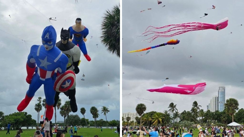 Left image shows giant super hero kites at a Miami kite festival. Right image shows A giant pink whale, giant pink squid, and more kites.