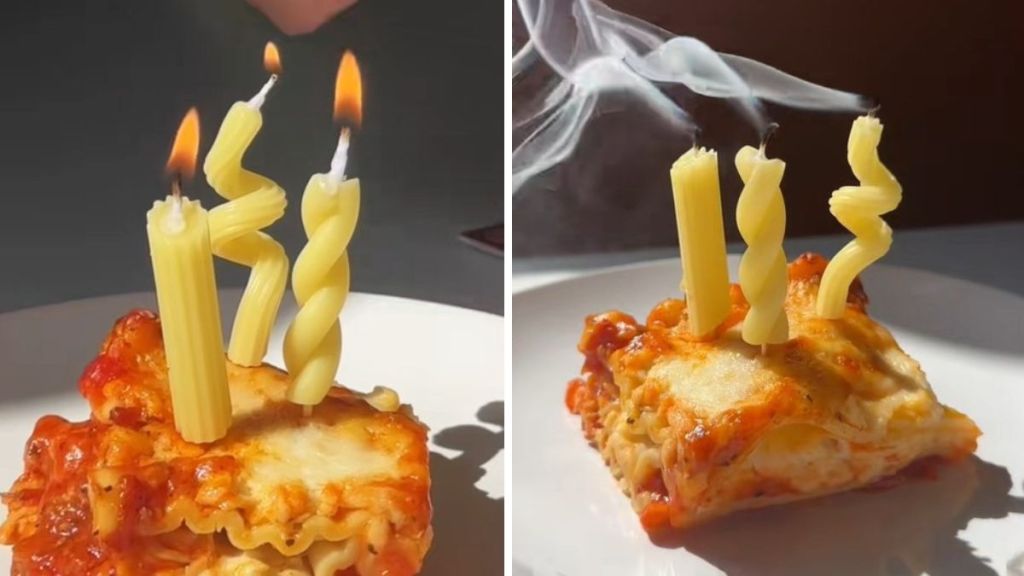 Image shows pasta-shaped candles on a piece of lasagna. The candles are lit in the left frame and blown out in the right frame.