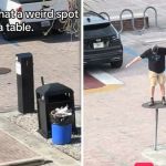 Left image shows a mysterious table standing by itself on the edge of a parking lot. Right image shows a man balancing on the table. Is it an illusion?