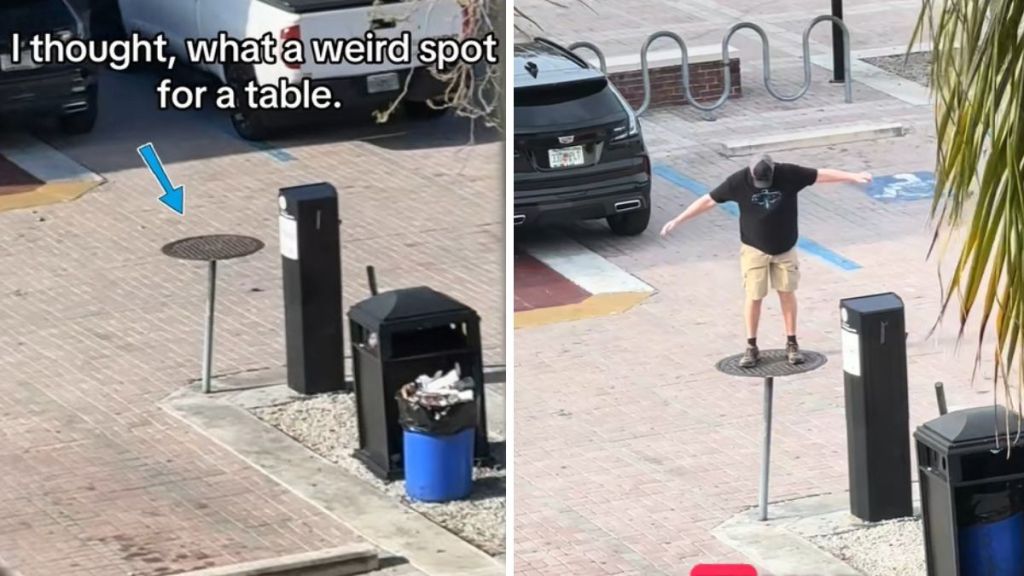 Left image shows a mysterious table standing by itself on the edge of a parking lot. Right image shows a man balancing on the table. Is it an illusion?