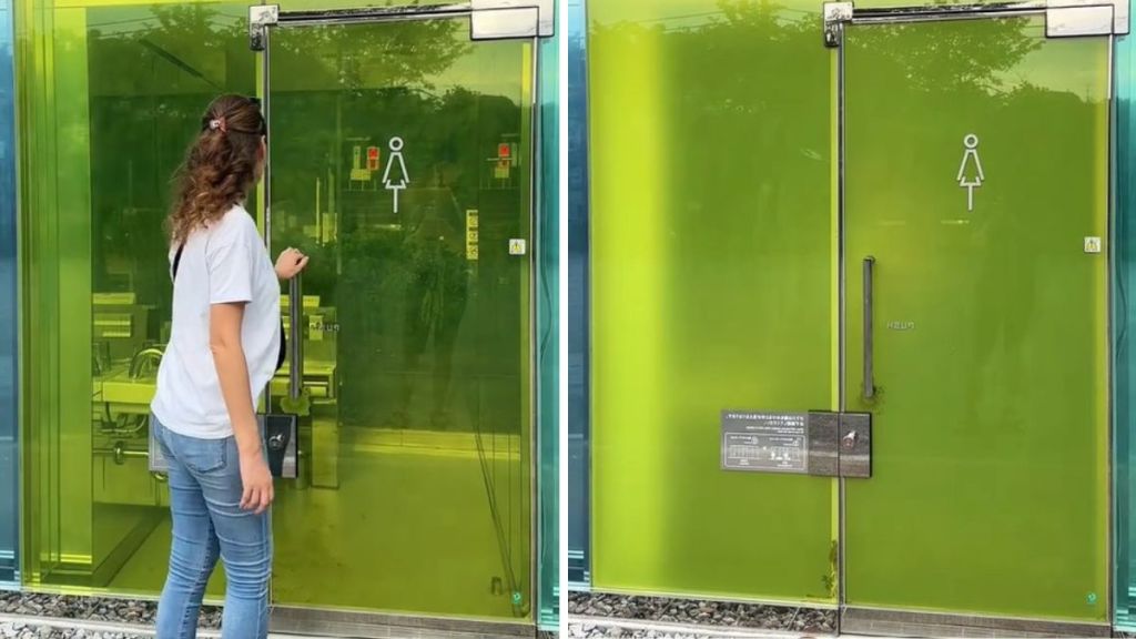 Left image shows a woman entering a transparent toilet in Japan. Right image shows how the glass becomes opaque when the lock is engaged.