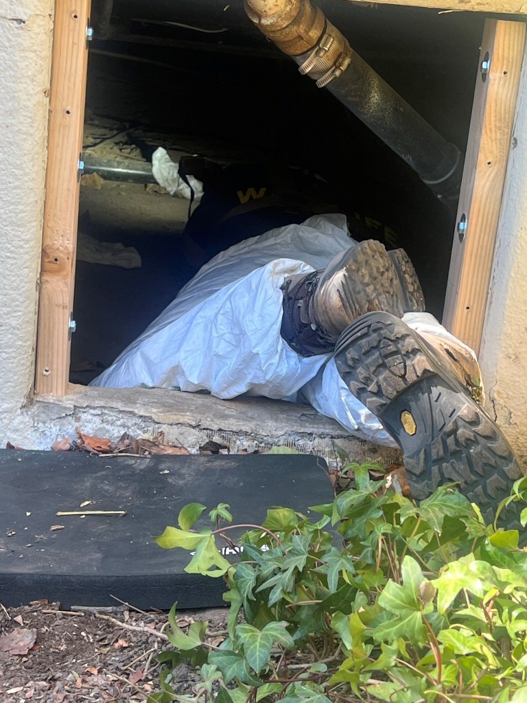 a person's legs sticking out of a window