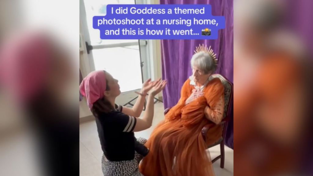 A young woman helping an elderly woman get ready for a Goddess Photoshoot.