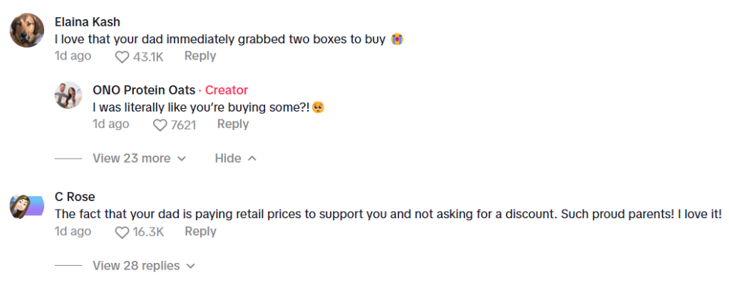 Comments on a social media post about a dad supporting his daughter's brand.
