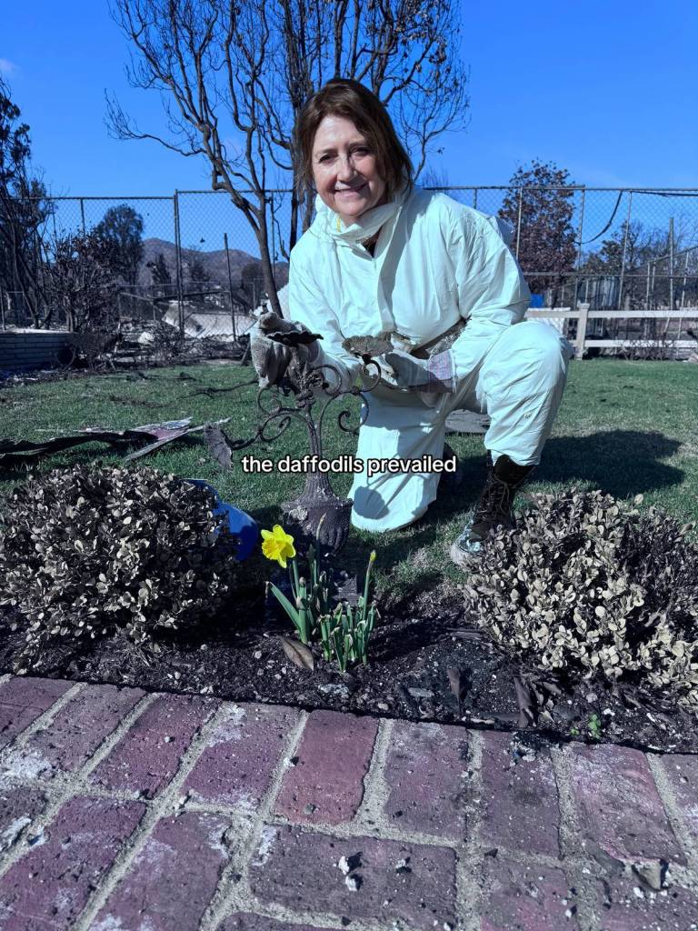 A woman smiles as she kneels on the ground. She's next to a path lined with burnt shrubbery and a single, bright daffodil. Text on the image reads: the daffodils prevailed 