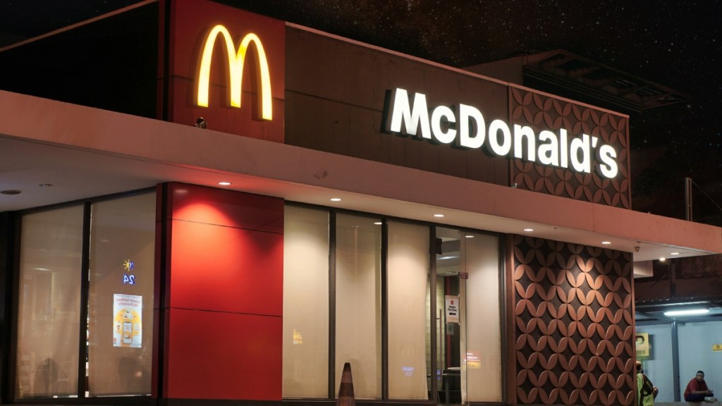 Exterior view of a McDonald's at night