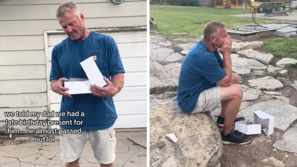 Left image shows a man opening a gift box. Right image shows a dad after receiving a surprise birthday present.